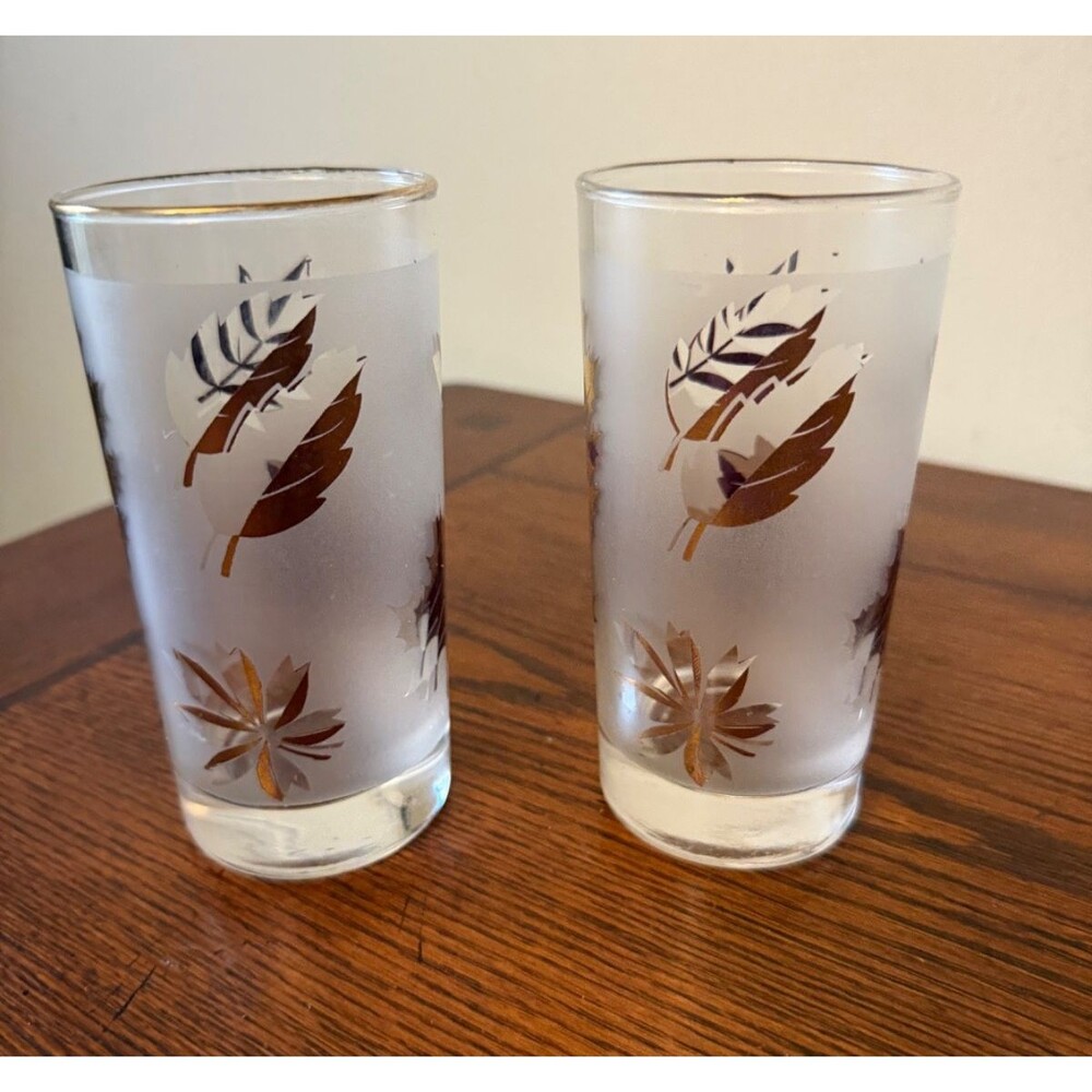 Vintage MCM Libbey Frosted Gold Foliage Leaf Drinking Glass 5.5" Set of 2